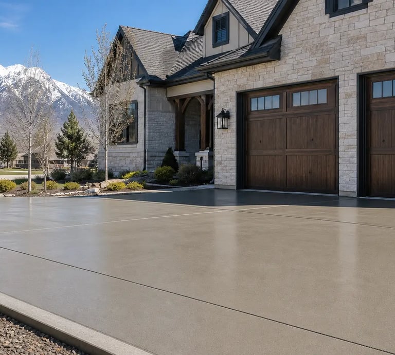 freshly poured concrete driveway in front of a nice suburban home in West Valley City, UT