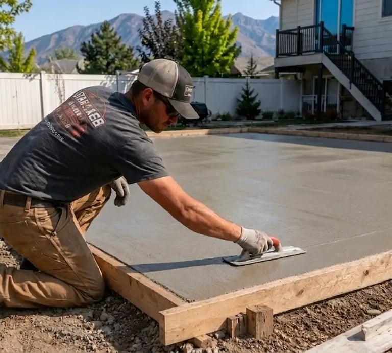 Local concrete contractor pouring and finishing a reinforced concrete patio slab in West Valley City, UT.