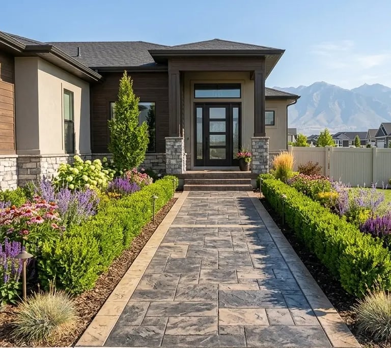 Custom stamped concrete front entry walkway with slate pattern in West Valley City, Utah.