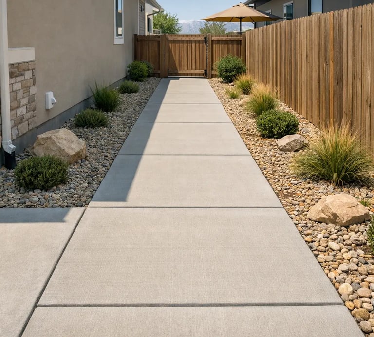 Concrete side yard walkway connecting the front driveway to a backyard gate and patio at a home in Lehi Utah