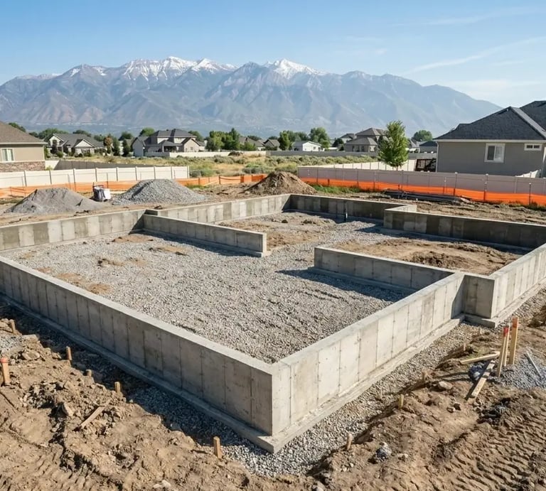 Finished concrete foundation installation ready for building construction at a residential property in Lehi UT