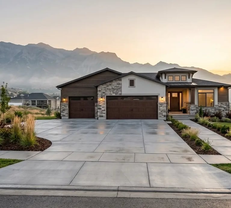 newly poured concrete driveway with a matching front walkway at a beautiful single-family home in Lehi, Utah
