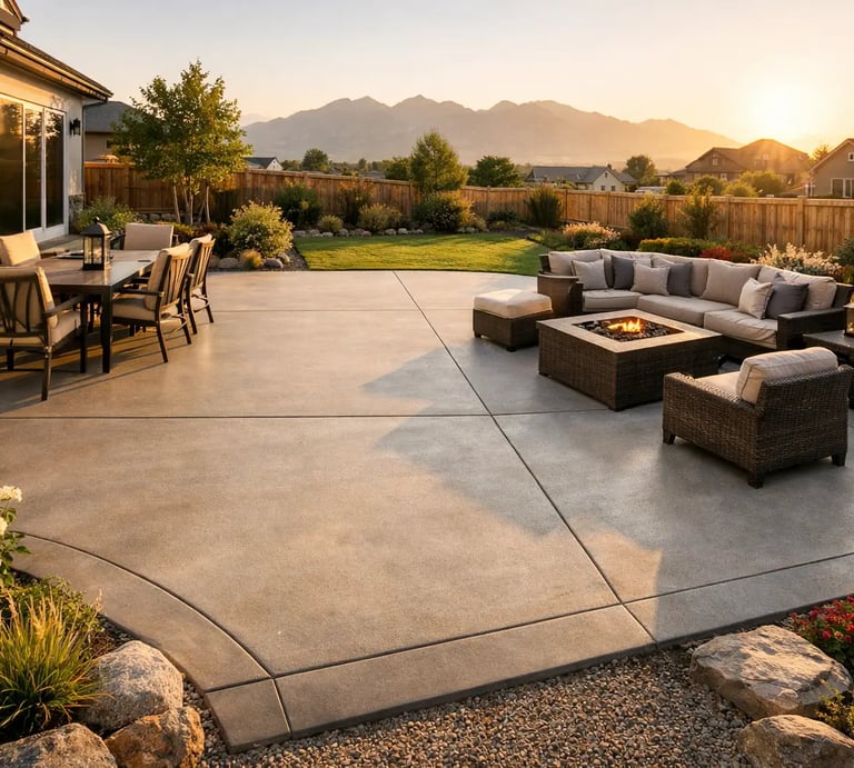 Large smooth concrete patio in the backyard of a suburban home in Lehi UT