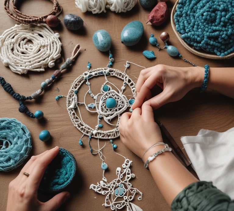 Persona elaborando pieza de joyería artesanal hecha con macramé