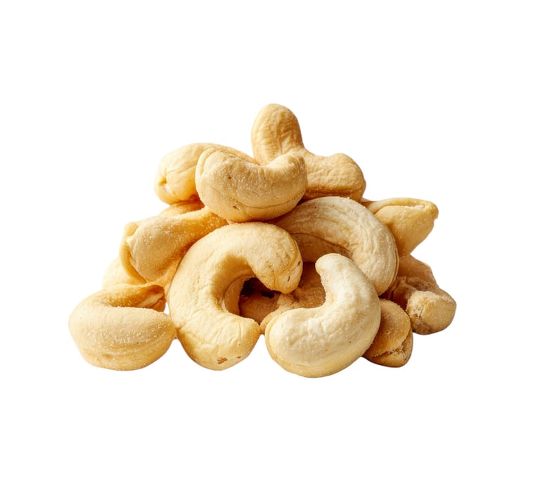 A pile of roasted salted cashew nuts isolated on a white background, perfect for healthy snacking.