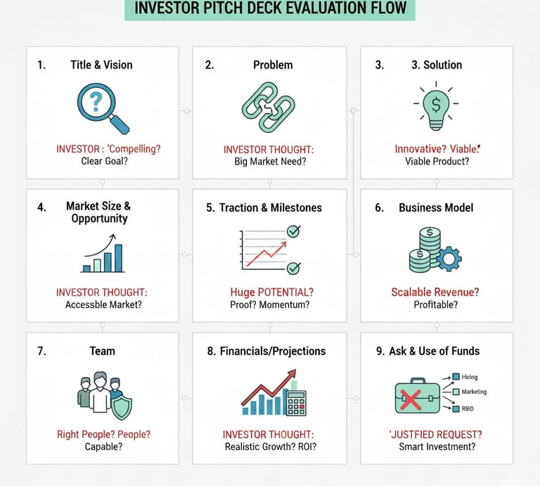 Slide-by-slide pitch deck structure showing how investors evaluate each section of a startup present