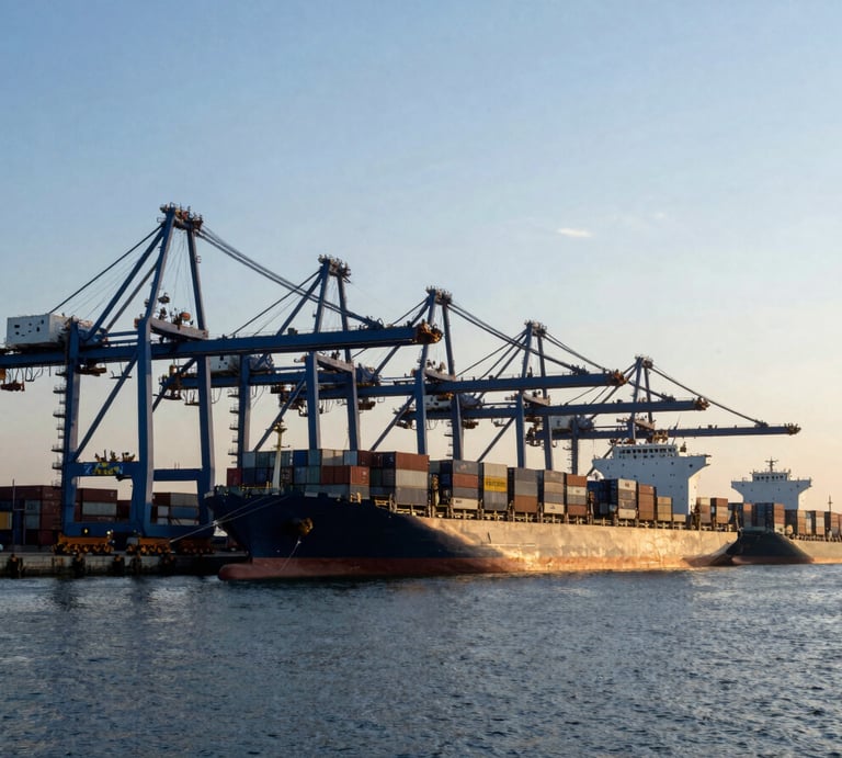 Wide environmental shot of a deep-water shipping port at dawn, massive cargo cranes silhouetted against cool morning daylight, container vessel docked.