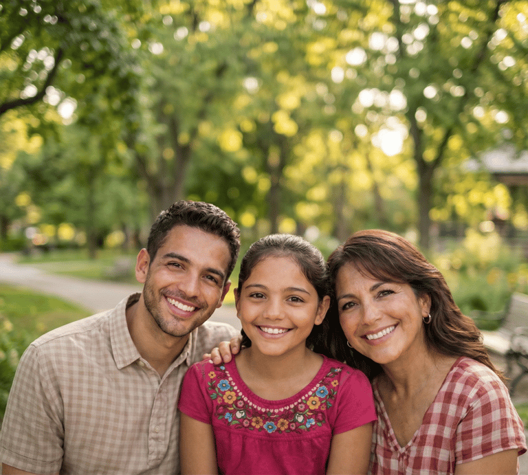 Una feliz familia de tres miembros sonríe junta durante una soleada tarde en un frondoso parque. 