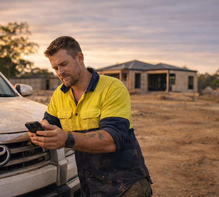 Australian tradie checking job schedule beside work ute