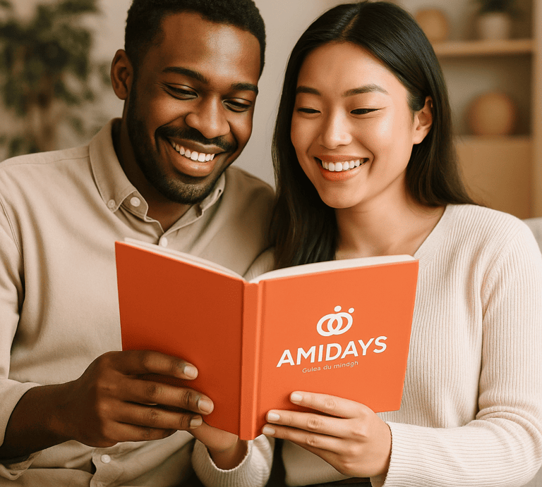 Couple souriant consultant le carnet illustré du coffret mariage Amidays pour avancer dans leur prép