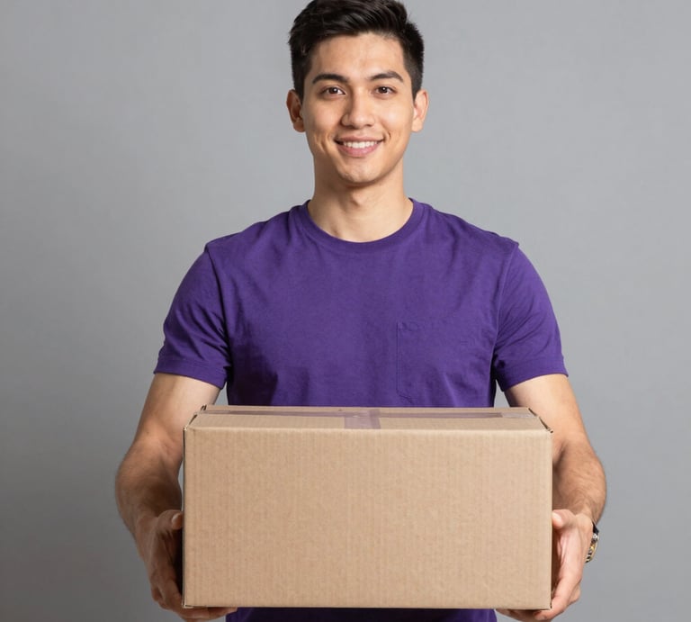 a man holding a box change the shirt to purple with no logo