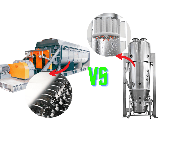 comparison of paddle dryer (rotating paddles) and fluidized bed dryer (airflow fluidization)