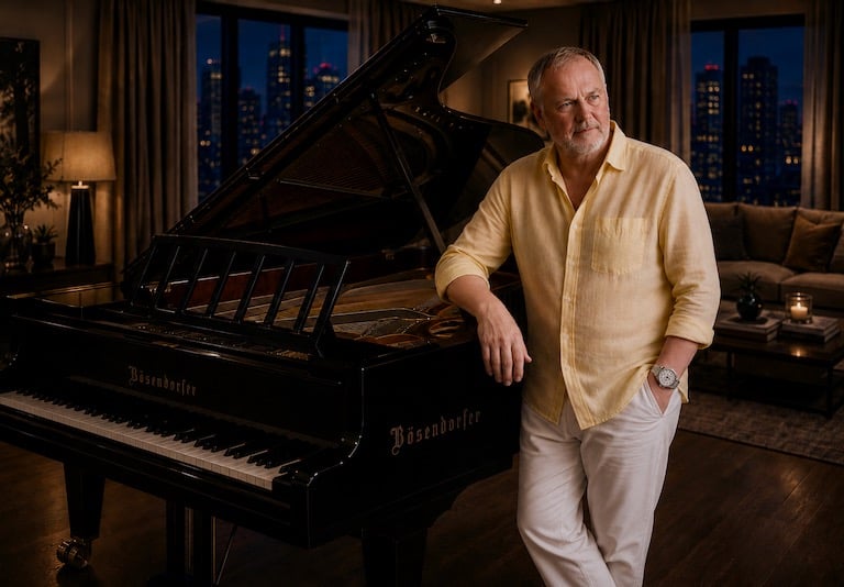 Peter Pickering, producer with Sessions on the Green stands next to Bosendorfer grand piano.