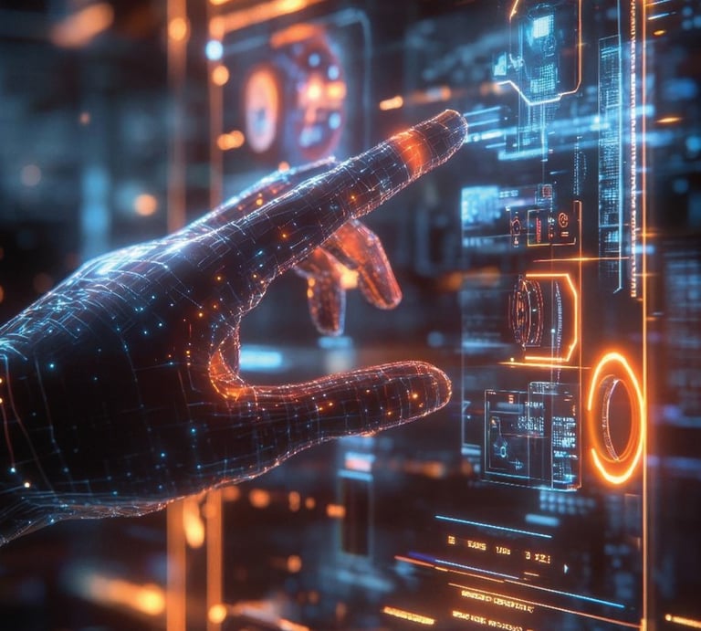 a person's hand is touching a futuristic interface