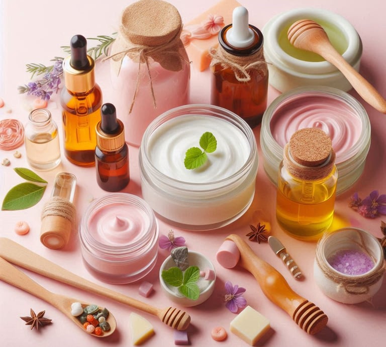 Homemade creams in bowls with essential oil bottles