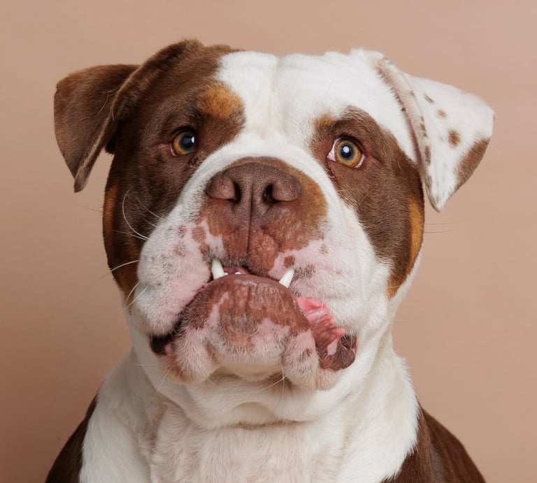 A portrait of a brown and white American Bulldog with an underbite and visible teeth against a tan background.
