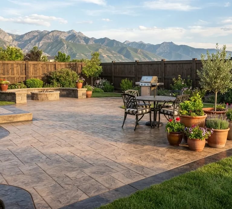 Finished stamped concrete patio in a South Jordan backyard with outdoor dining set.