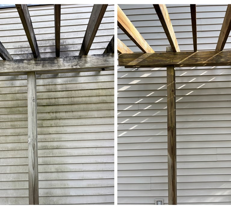 Before and after pressure washing siding and wooden pergola beams