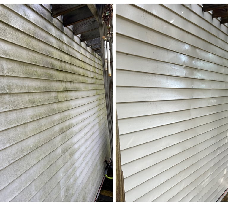 Before and after pressure washing vinyl house siding