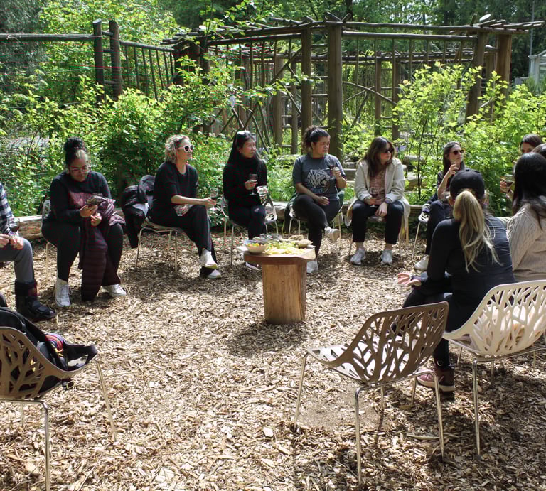 coworkers relaxing together after team building activities and a shared meal