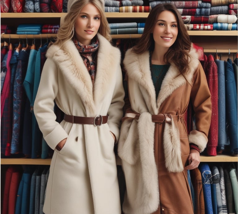 A cozy display of colorful winter cardigans and jackets hanging in a warmly lit showroom.