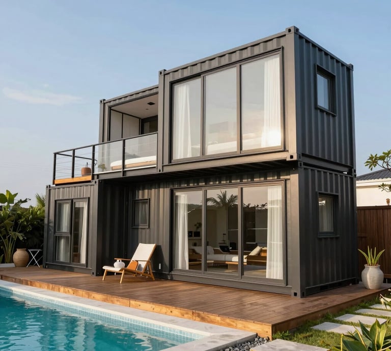 Modern black and gold customized container home with stylish interior and exterior design.