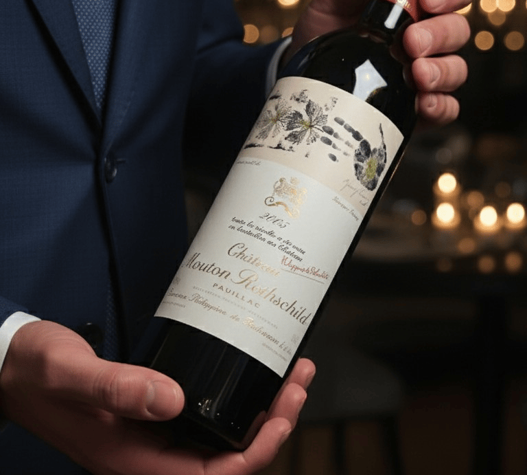 An exclusive bottle of Château Mouton Rothschild fine wine at the Sixfigure Boardroom private club.