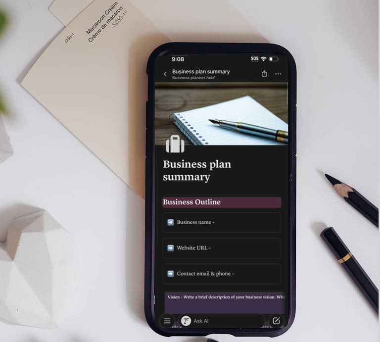 Business plan summary template displayed on a smartphone screen next to a pencil and desk accessories.