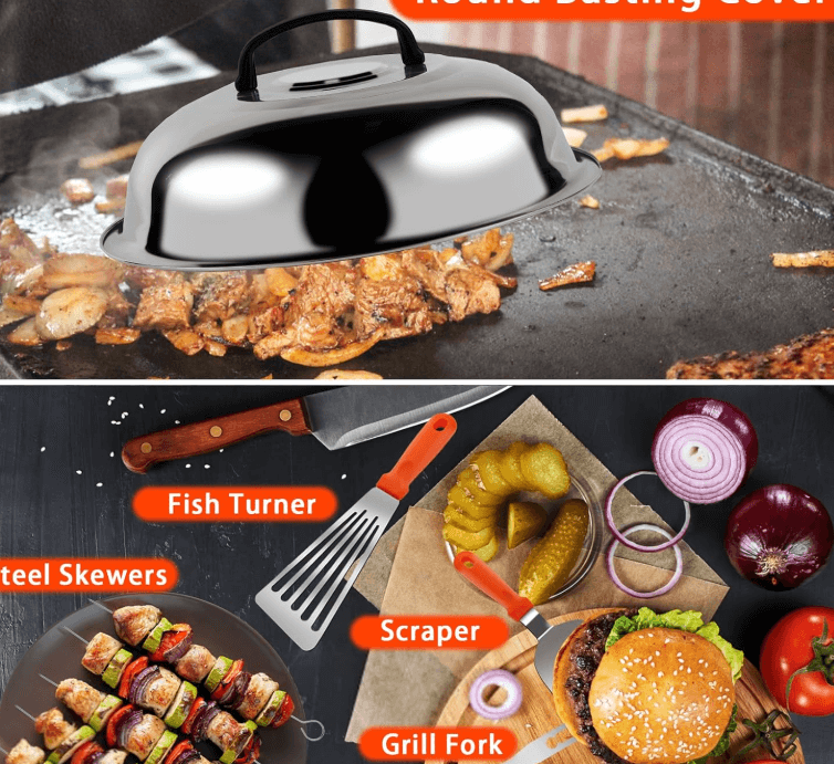 griddle kit with scraper, grill fork, steel skewers