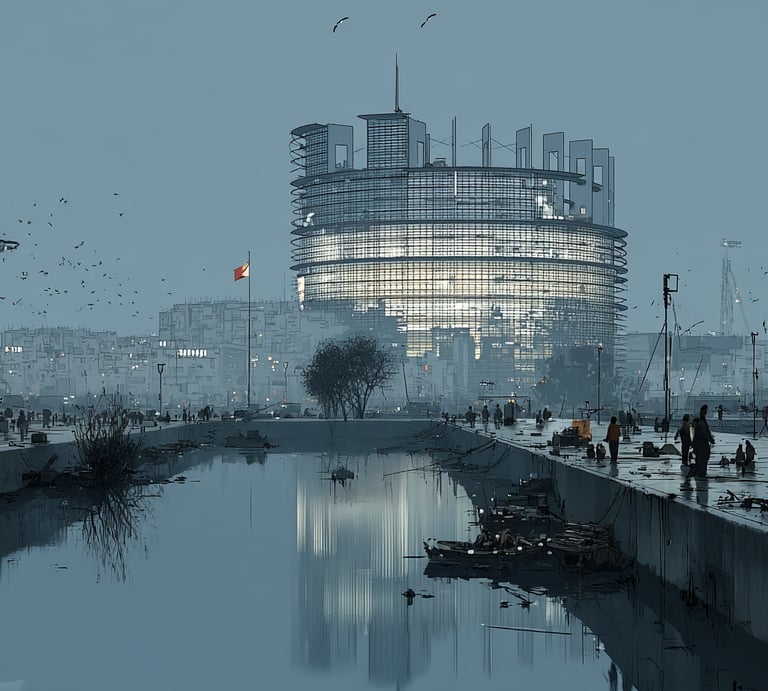 Siège de la Commission Européenne dans un futur pollué.