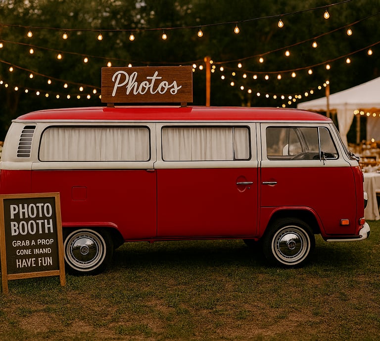 Cute Red VW Bus photo booth at wedding Old Skool Photo Booth