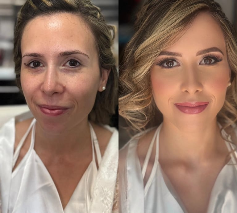 Prima e dopo trucco sposa professionale con pelle luminosa e occhi valorizzati