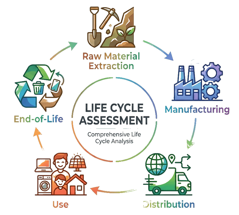Diagram of life cycle assessment showing stages, connected in a circular flow.