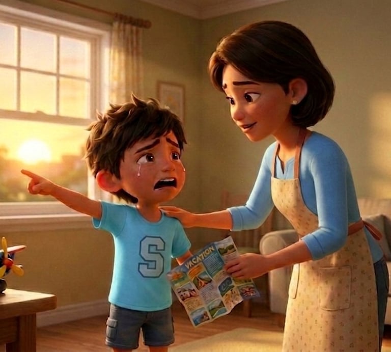 Crying boy pointing while a mother consoles him in a living room, 3D animated style.