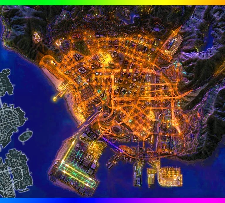 Aerial night view of Los Santos city lights in GTA V next to a Liberty City map comparison.