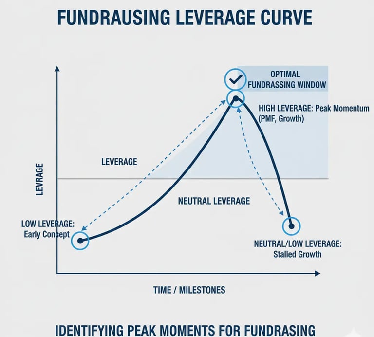 Leverage curve visual showing optimal timing windows for startup fundraising.