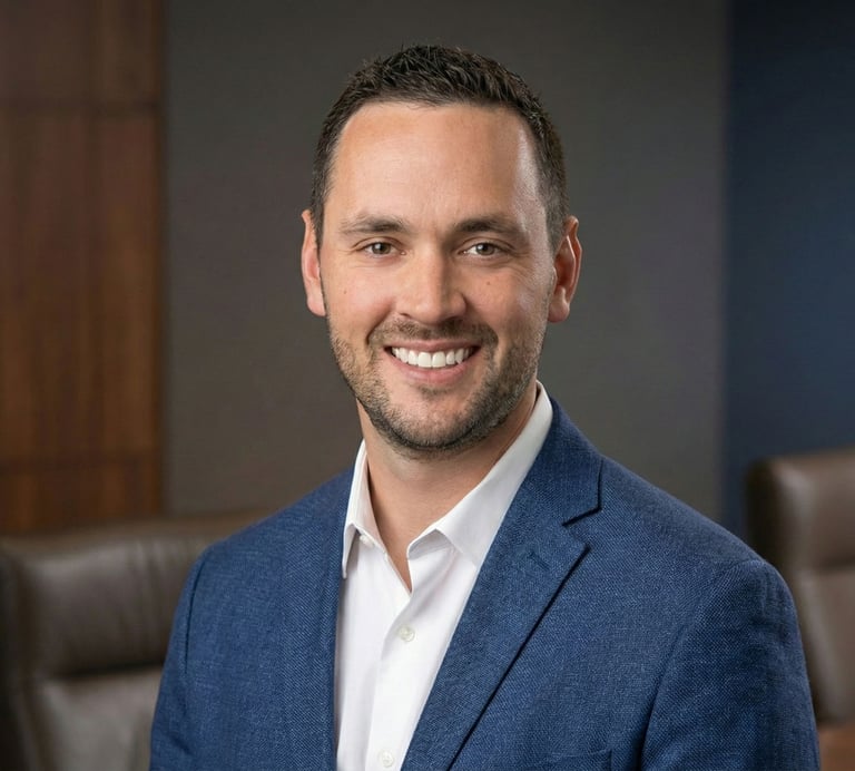 Professional headshot of a smiling male executive in a blue blazer and white shirt in an office setting.