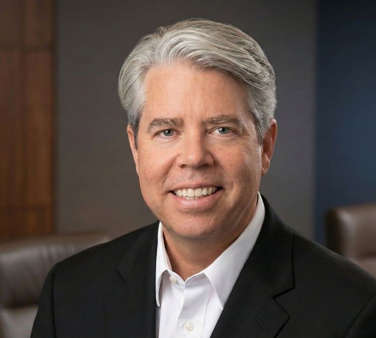 Professional headshot of a smiling male executive with grey hair in a black suit jacket and white shirt.