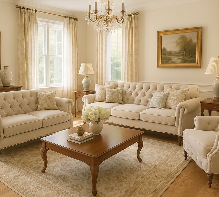 Traditional living room with tufted sofa, carved wood table, and layered curtains.
