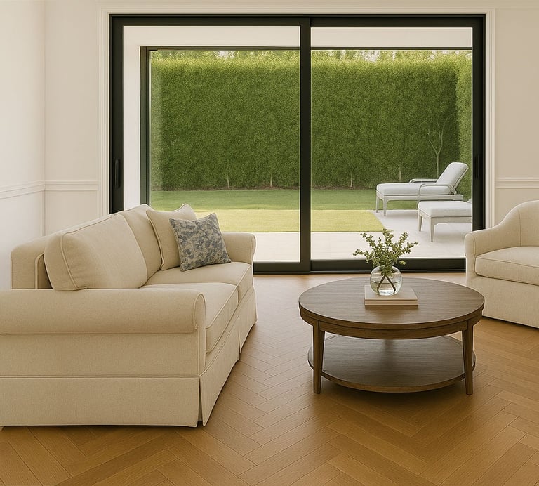 Neutral transitional living room with beige sofa, armchairs, rug, artwork, and classic fireplace