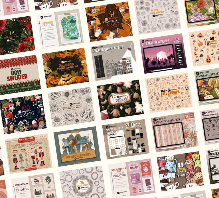 Preview of 2 000 hand-drawn Procreate stamp brushes