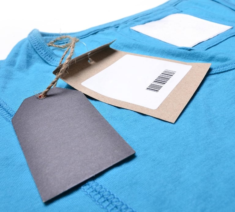 Rongzhiyue: Tags on blue t-shirt