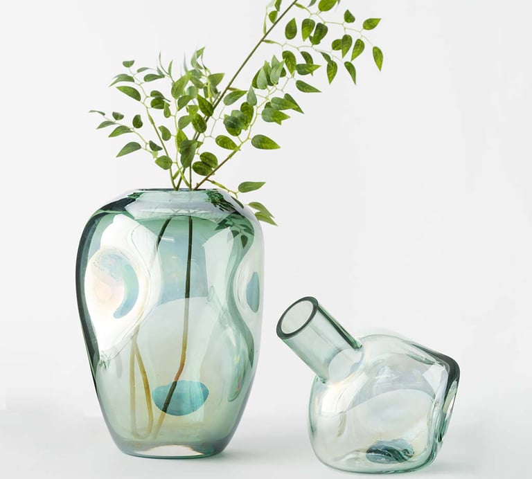 a glass vase with a plant in it