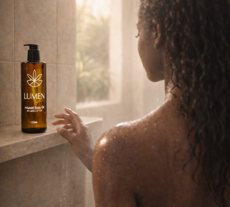A woman reaches for LUMEN infused body oil on a shower shelf for luxury skincare and hydration.