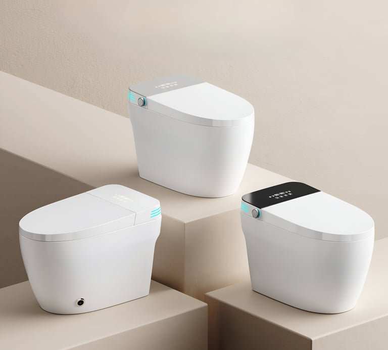Smart toilet bowls in white, black and silver panels