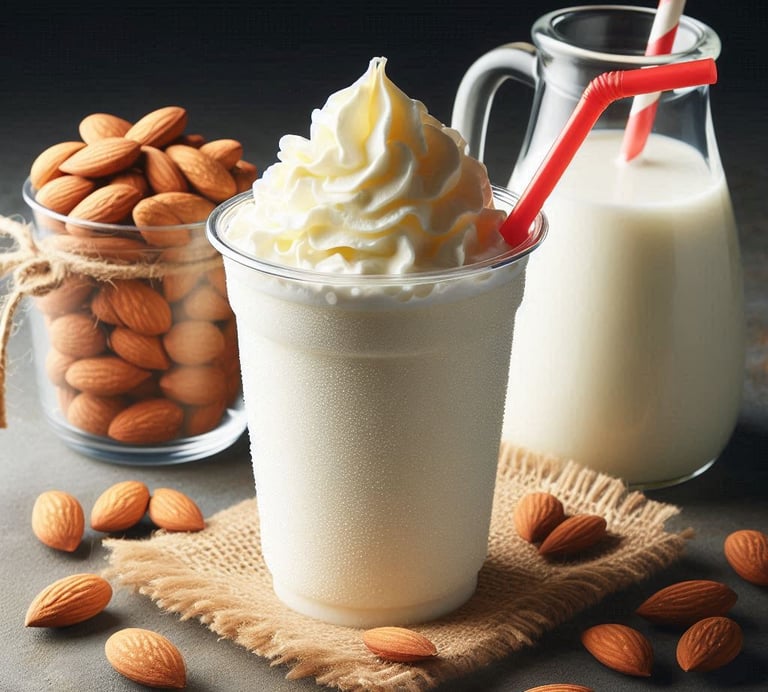 a milkshake topped with whipped cream next to a cup of almonds
