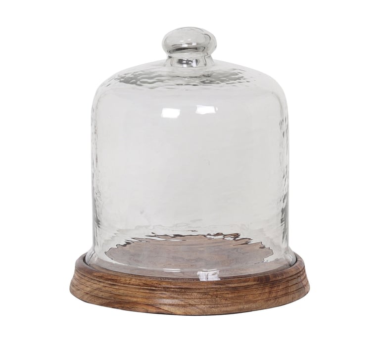 a glass cake cover dome with a wooden base