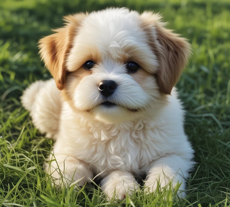 a small Mal-Shi dog standing on top of a lush green field