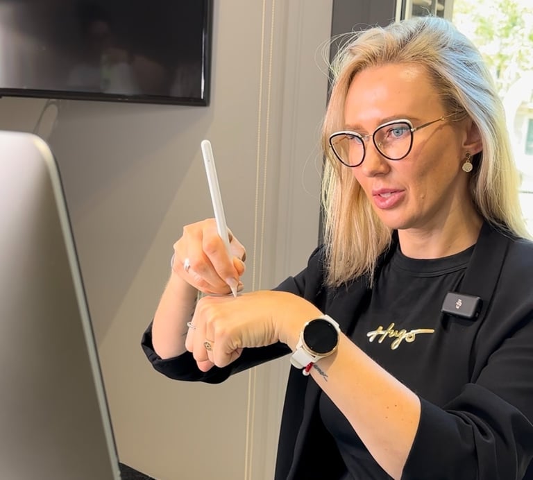 Darina sentada en un escritorio con un lápiz en la mano.