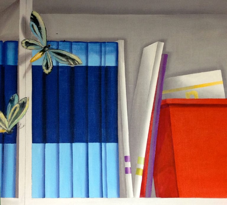 A painted bookshelf in trompe l'oeil style showing butterflies, books and a red container